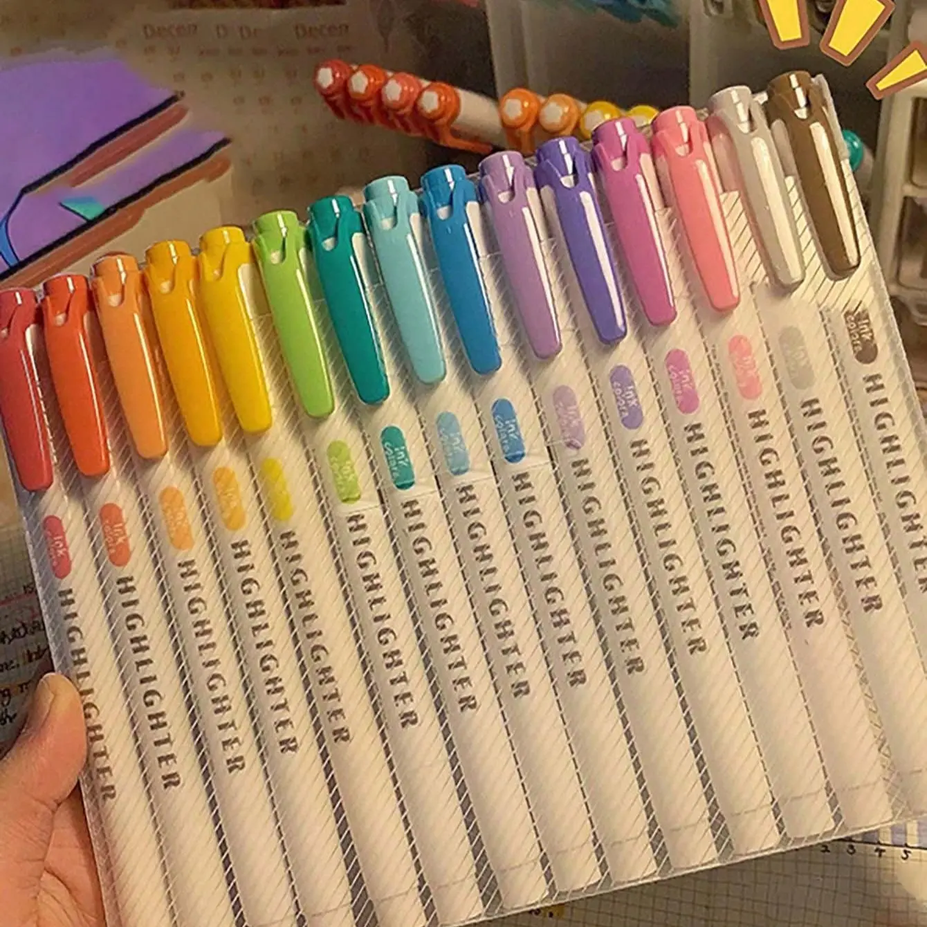 15-Pack Dual-Ended Fluorescent Pens, Soft Color Highlighters, Student Notebook Markers, Wide and Fine Tips, Ideal for Coloring and Underlining