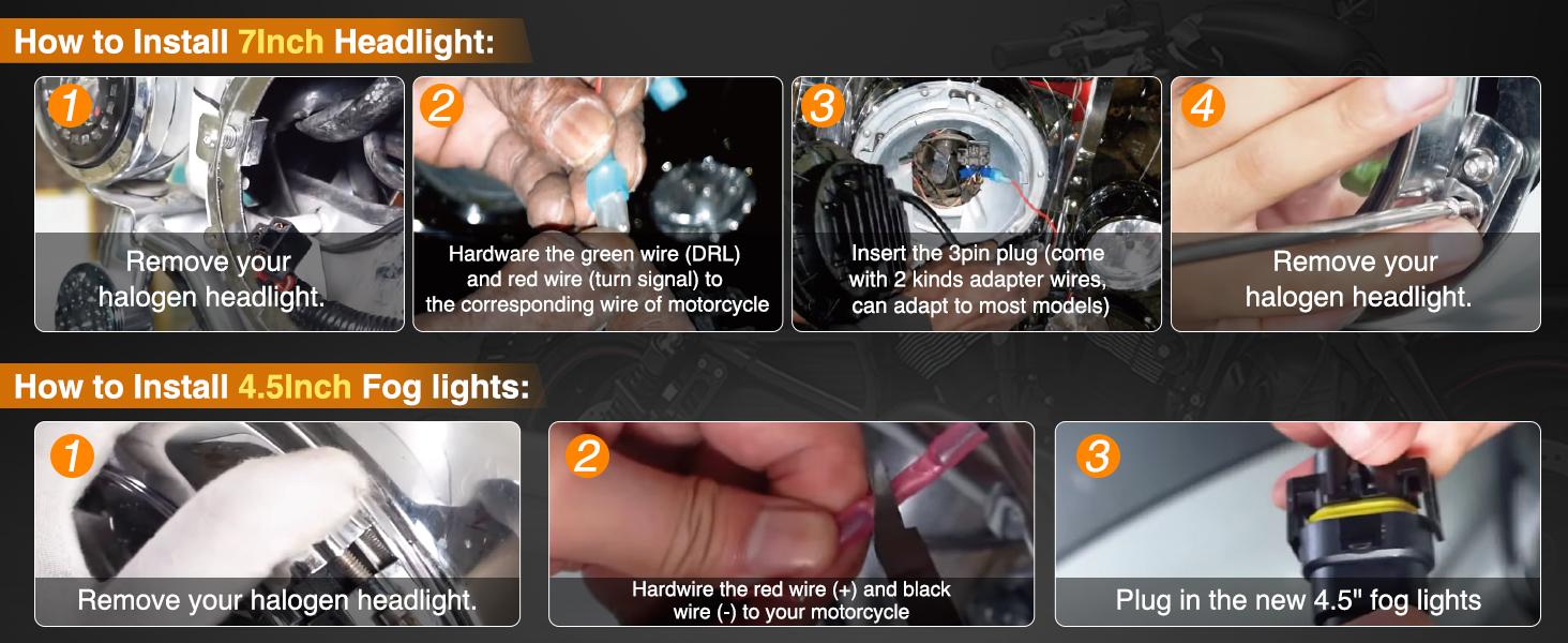 Nilight Motorcycle 7Inch DRL LED Headlights 4.5Inch Fog Lights Chrome Kits