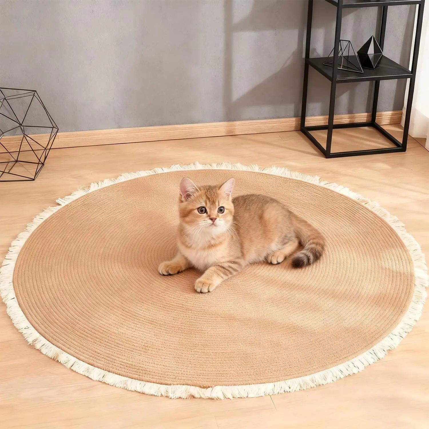 Cotton Rope Area Rug for Cats, Cat Scratch Rug, Washable Boho Braided Circle Rug, Soft and Stylish Home Accen for Cat Lovers, One-Piece