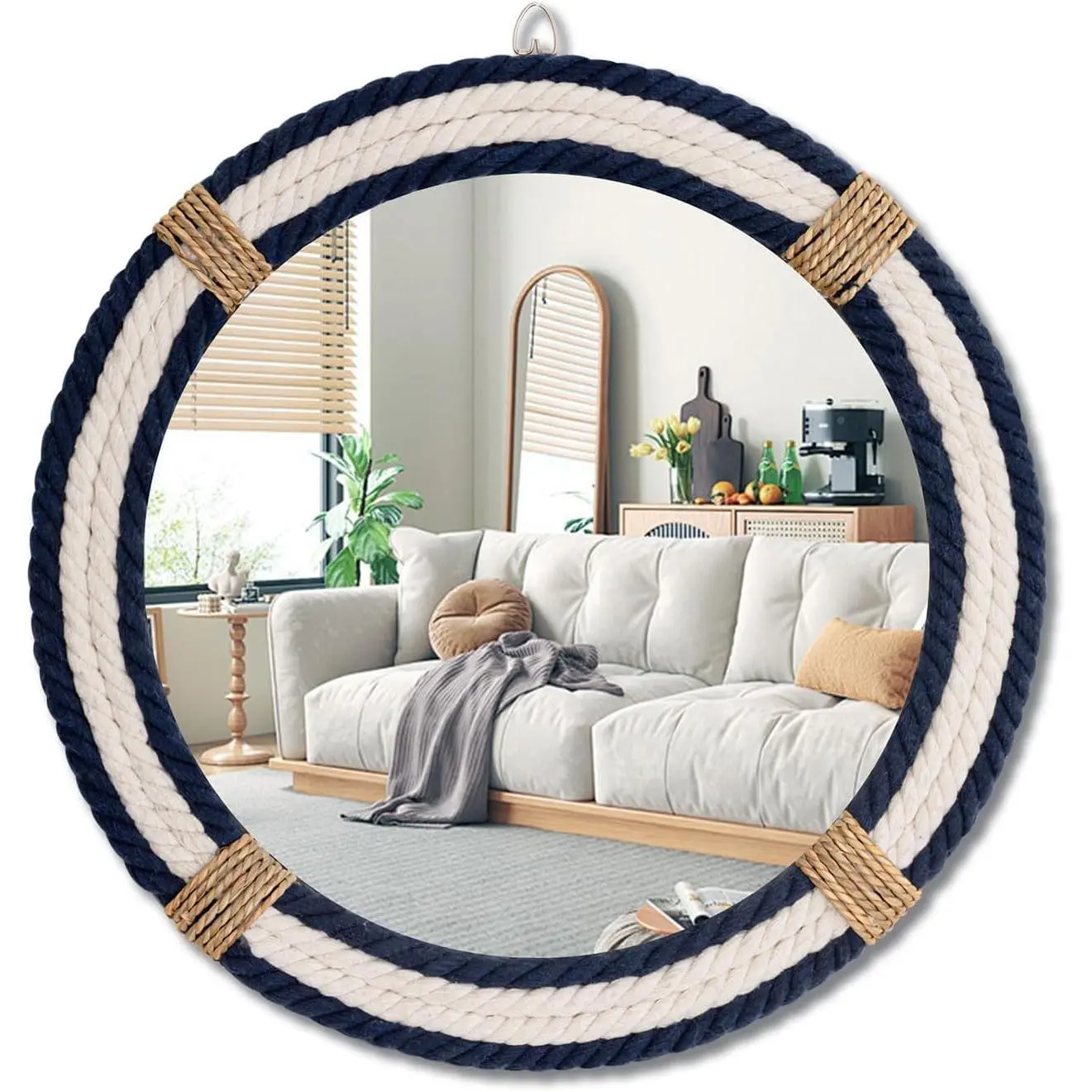 Vercraft Nautical Coastal Mirror 16" Wall Decor with Rope Wrapped Trim and Hanging Loop Round Circle Nursery Mirror Nautical Boho Rustic Decorative for Living Room, Bedroom Blue and White