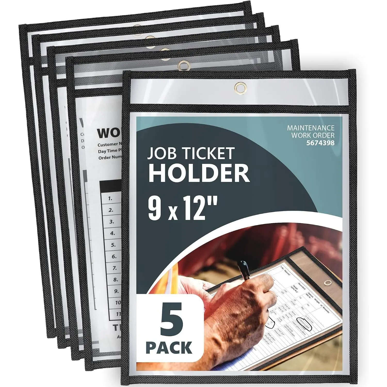 5 Pack Job Ticket Holders 9x12 - Work Order Plastic Sleeves for Documents - Shop Ticket Holders - Heavy Duty Plastic  Holder Sleeves - Dry Erase Pocket - Dry Erase Sleeve - Clear Pocket Sleeve
