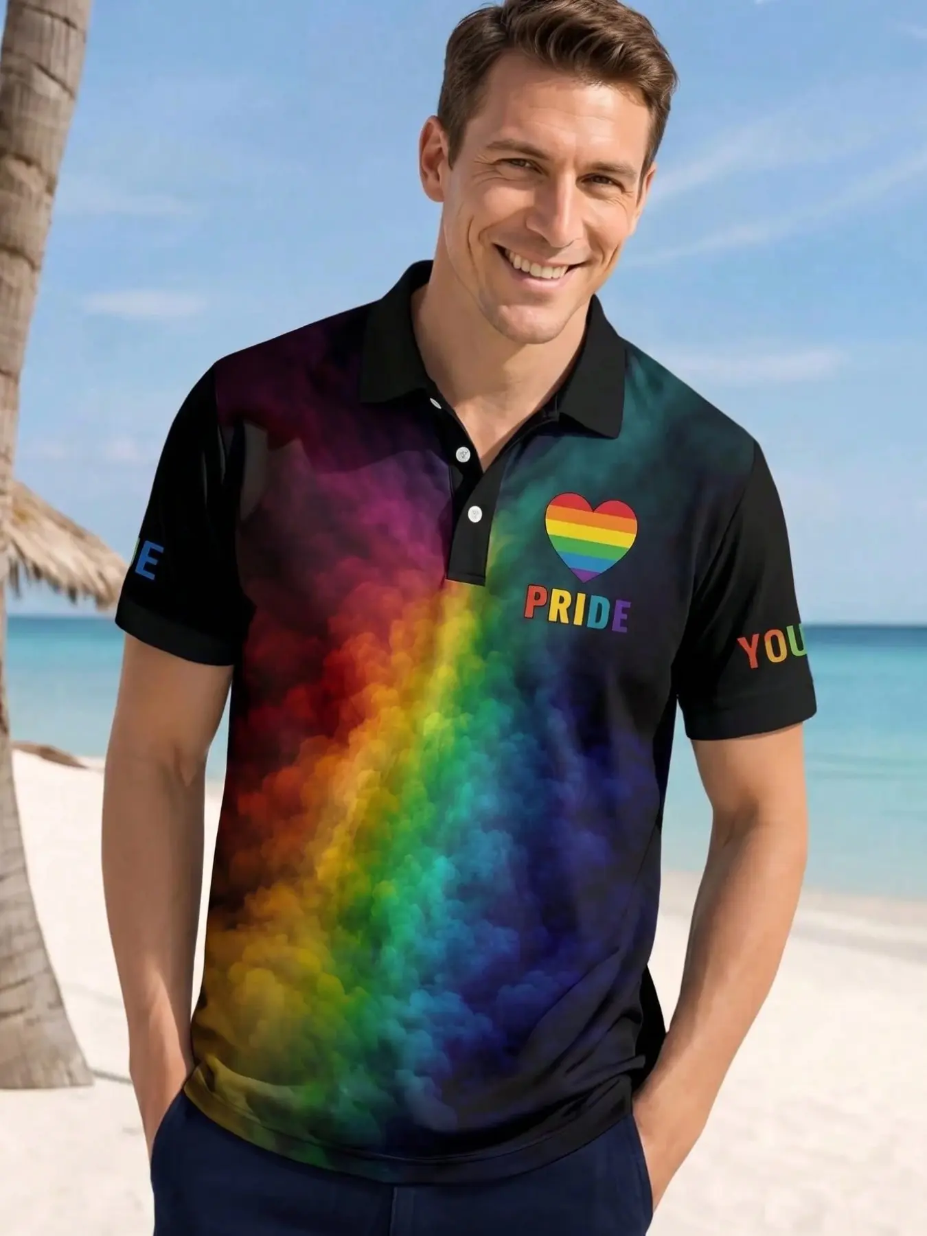 Men's Short Sleeve Polo Shirt, Base Nebula Heart Pattern, Rainbow Print, Casual Daily Wear, Trendy Loose-Fit Top