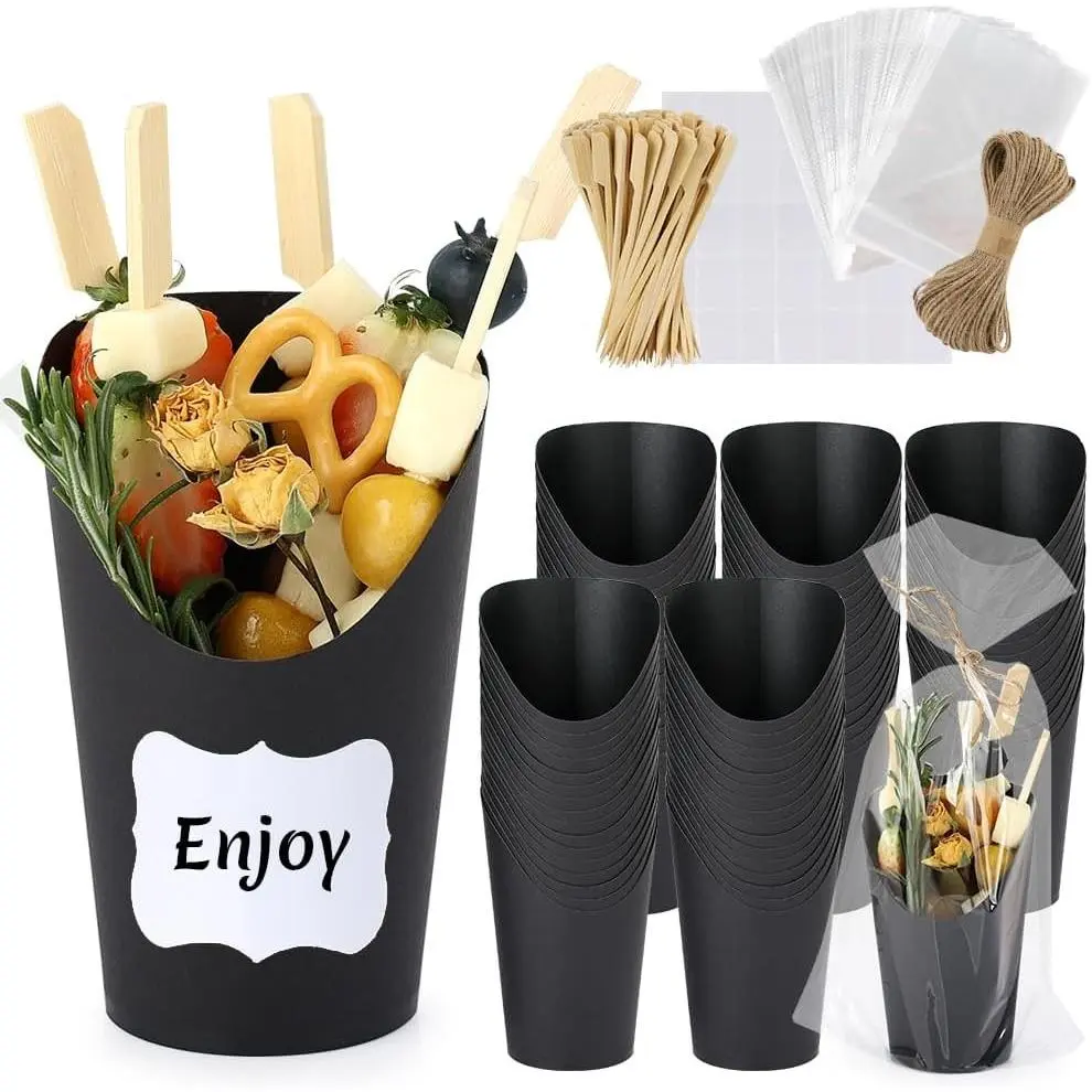 50 Sets 12 oz Black Charcuterie Cups with 100 Picks, 50 Bags & 50 Labels, Disposable Paper Snack Cups for Parties, Catering