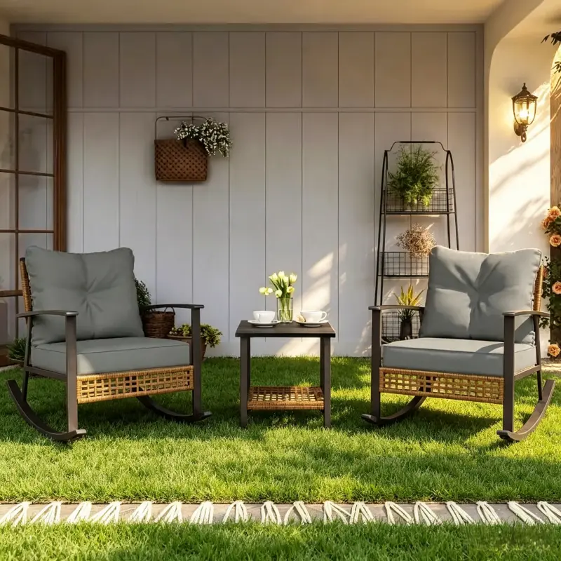 3-Piece Rocking Bistro Set, Outdoor Patio Furniture with Thick Cushions and 2-Tier Coffee Table, Oversize Rattan Conversation Set for Garden, Balcony, Backyard (Beige),summerwins,outdoorfurnitureset,home decor,camping essentials