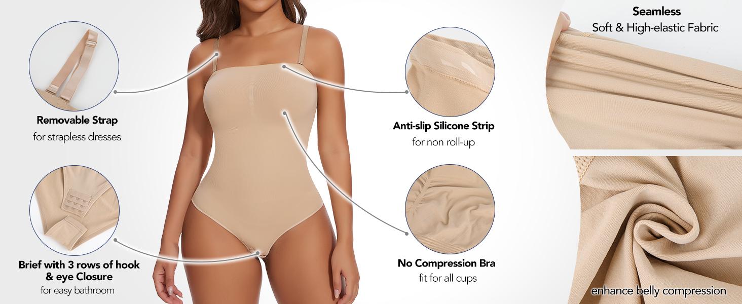 Strapless Bodysuit with Bras Tummy Control Shapewear Tube Tops Body Suit One Piece Leotard