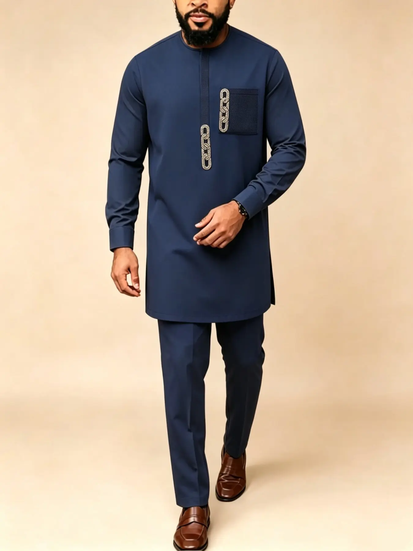 Men's Kaftan Set, African Style Long Sleeve Embroidered Shirt and Casual Pants, Traditional Muslim Festival Wedding, 2-Piece Suit