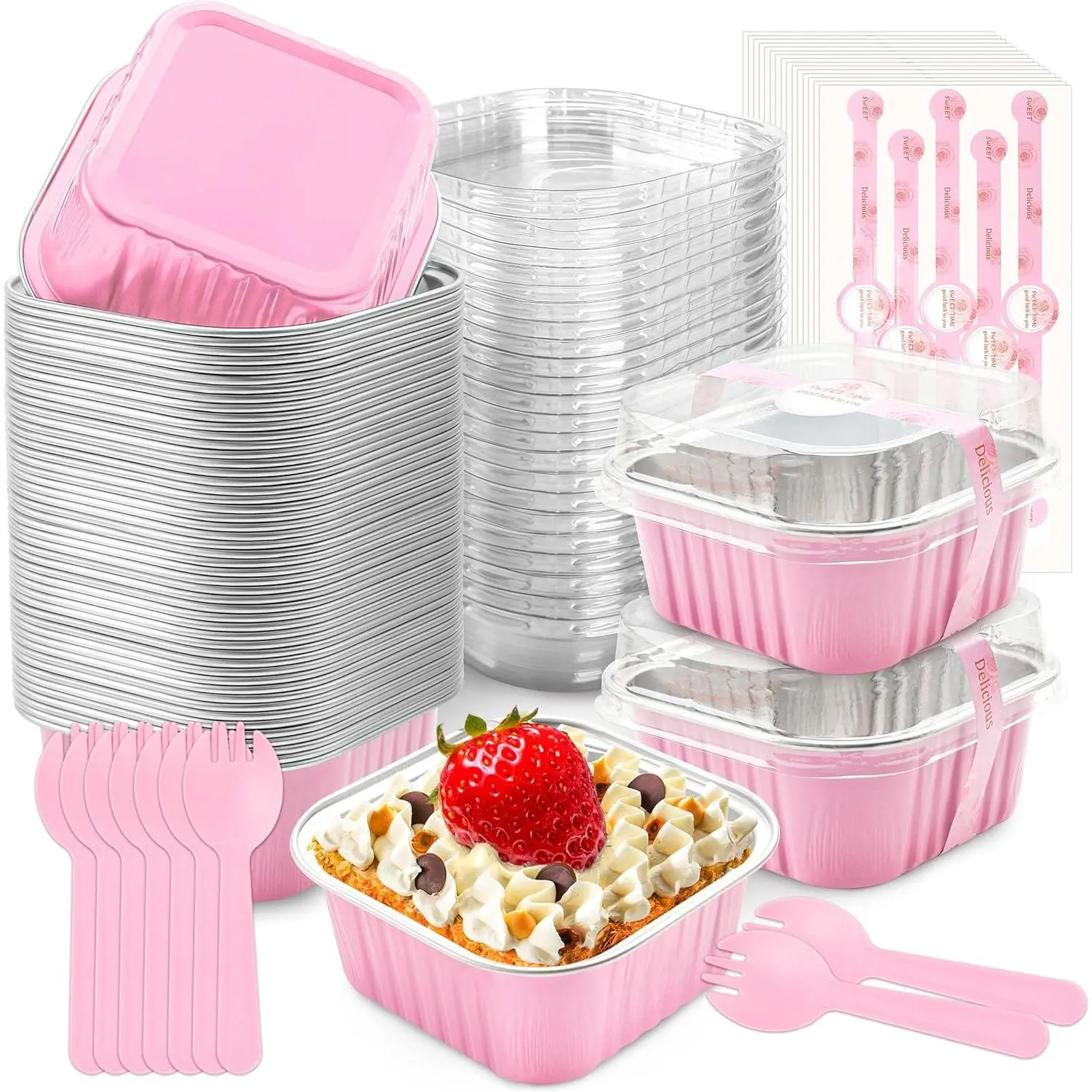 25 Pack 5oz Pink Square Food-Grade Aluminum Foil Mini Cake Containers Complete Kit with Snap Lids,Mini Forks & Decor Stickers,Heat Resistant Leakproof Disposable Baking Cups for Custard,Pudding,Mousse,Mini Sweets,Ideal for Wedding,Birthday,Camping