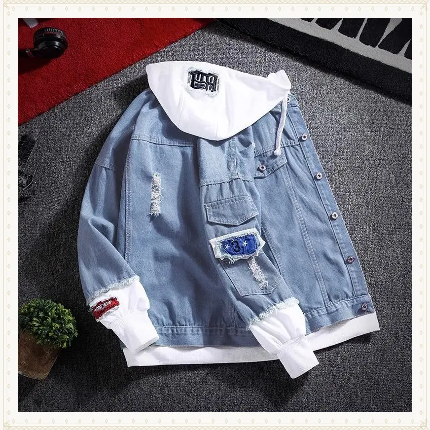 Spring and Autumn New Patchwork Denim Jacket Men's Korean Style Trendy Fashion Brand Casual Baseball Uniform All-Matching Couple Coat men work for Cotton Fabric Menswear Classic Long Distressed Top White Tights