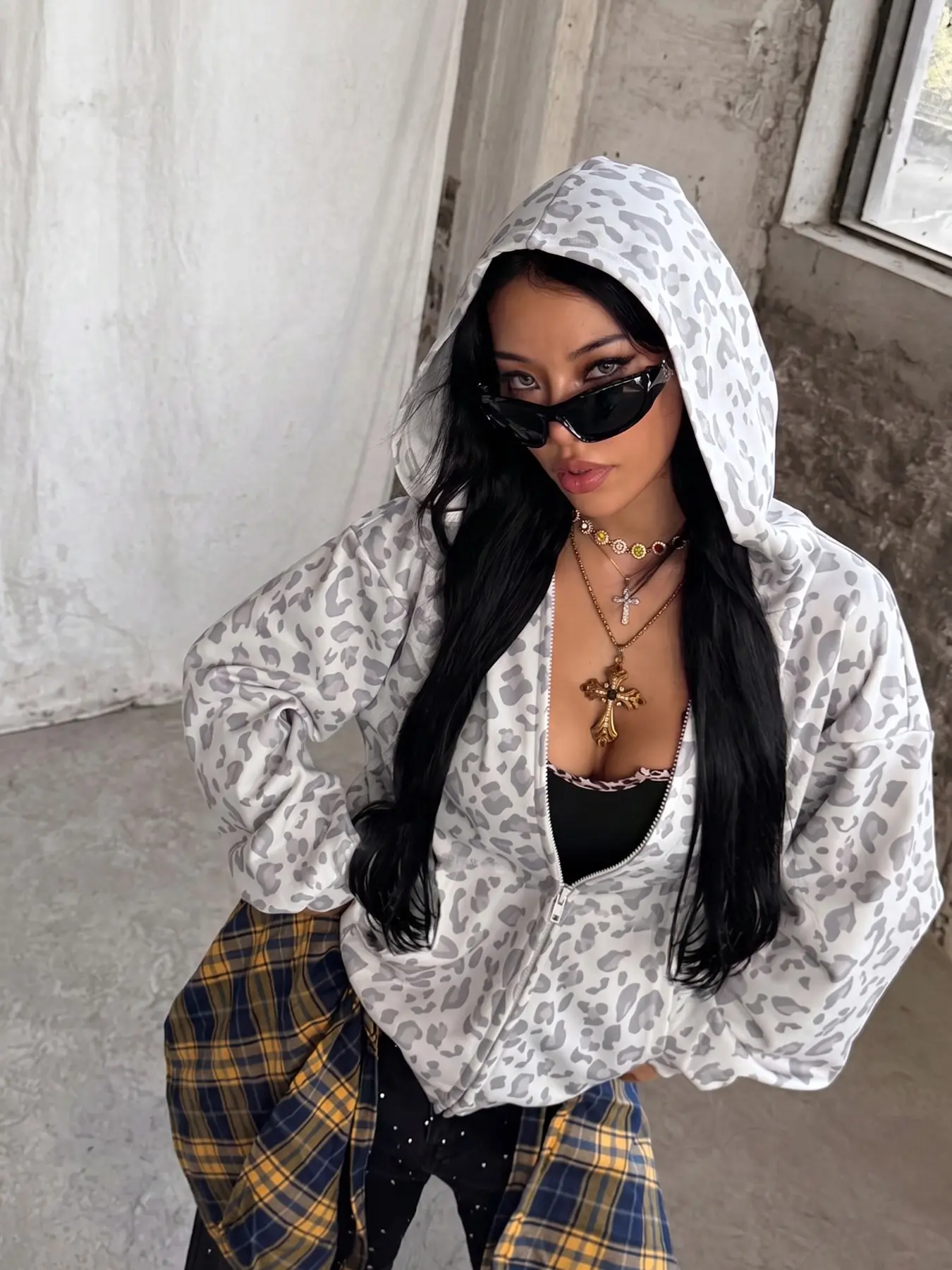 Women's Leopard Print Zip-Up Hoodie, Loose Long-Sleeve Casual Hooded Jacket, American Street Style Outerwear, Fashion