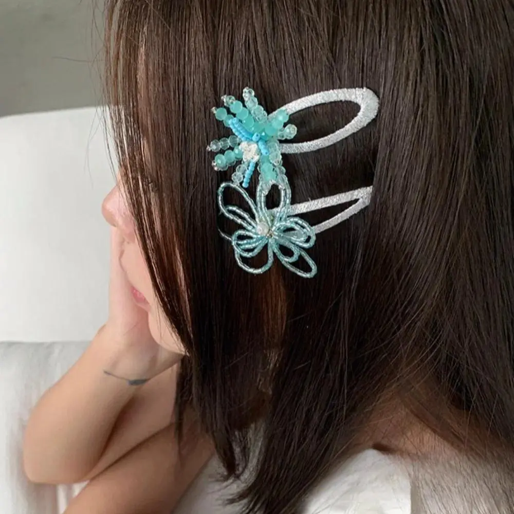 Y2K Fairy Mint Green Seed Bead Wire Flower Hair Barrettes Elegant Pearl Alligator Clips Daily Wedding Bridal Side Hair Ornaments