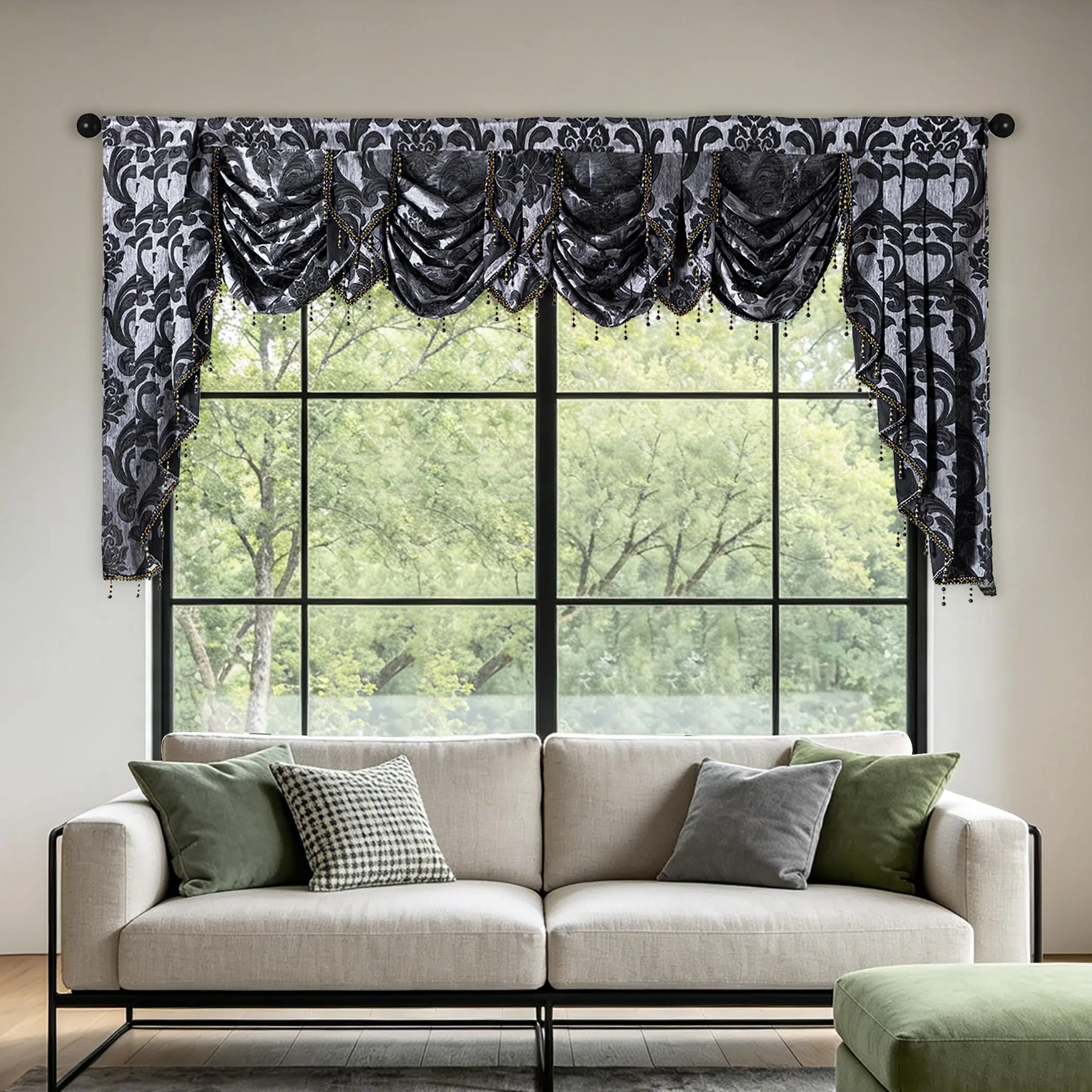 Luxury 6-Tier Waterfall Jacquard Window Valance, Satin Floral Window Scarf with Hanging Beaded Tassels, European Vintage Decorative Window Treatment for Large Window Living Room Bedroom