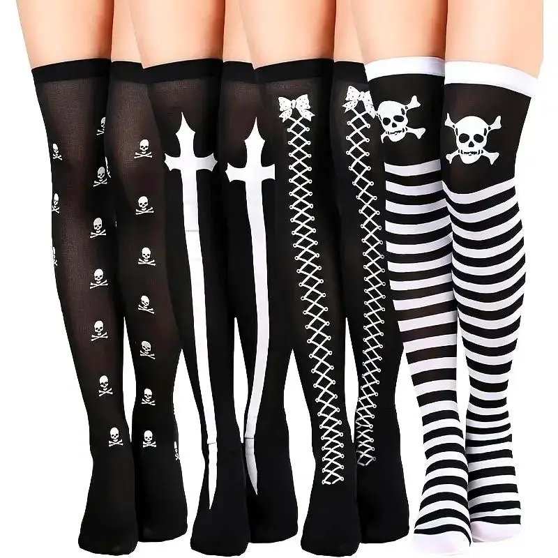 4 Pairs Halloween Knee-High Socks, Tall Over-The-Calf Socks, Role-Playing Skull Socks, Striped, Perfect for Costume Parties and Events