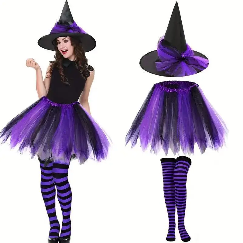 Halloween Festival Party Witch Hat Full Costume Set Decorative Bow Witch Hat Irregular Tulle Puff Skirt Striped Knee High Stockings Complete Matching Party Outfit Set Lightweight Comfortable Cosplay Costume Set