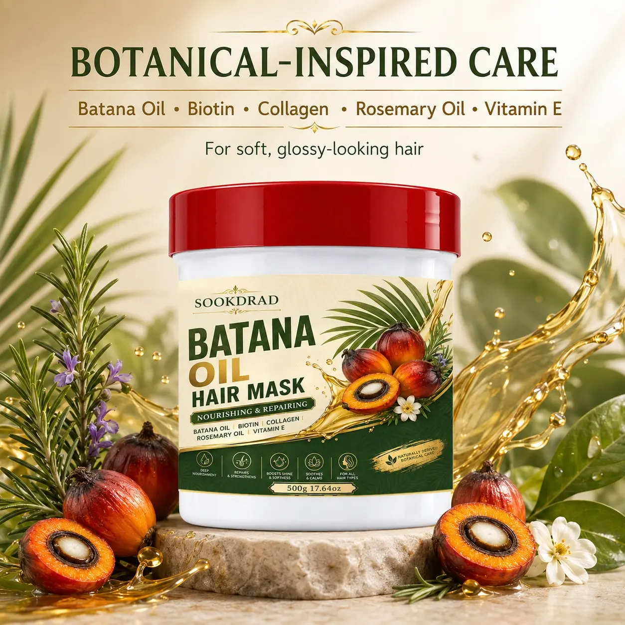 Batana oil hair mask, batana oil, biotin, collagen, rosemary oil, vitamin E, nourishing, repairing, deep nourishment, boosts shine, soothes, calms, for all hair types, 17.64oz, natural botanical care,