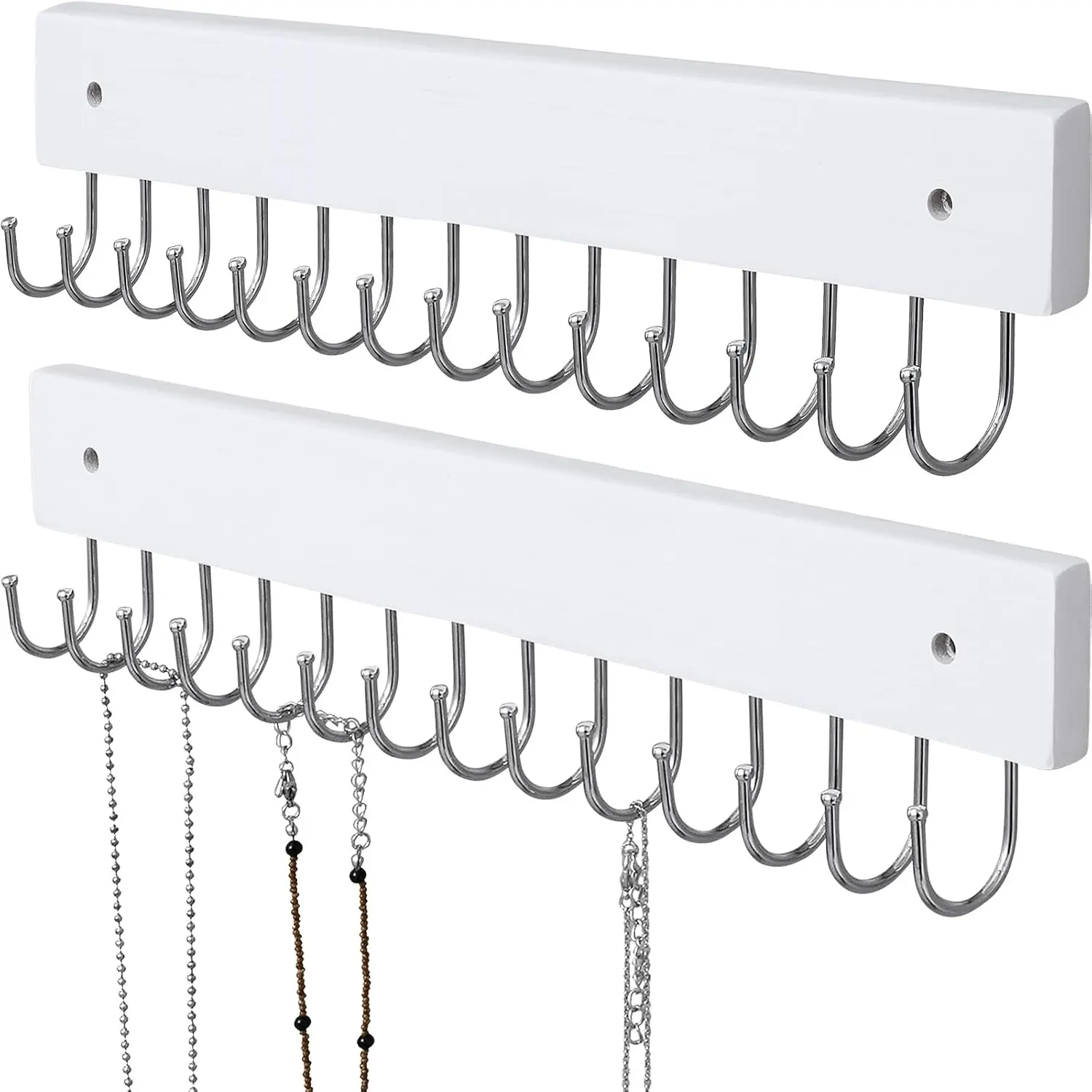 Organizer Wall Mounted, Modern  Display with 28 Hooks, Decorative Necklace Holder for Wall, Space Saving Necklace Hooks, (2 Packs, White)