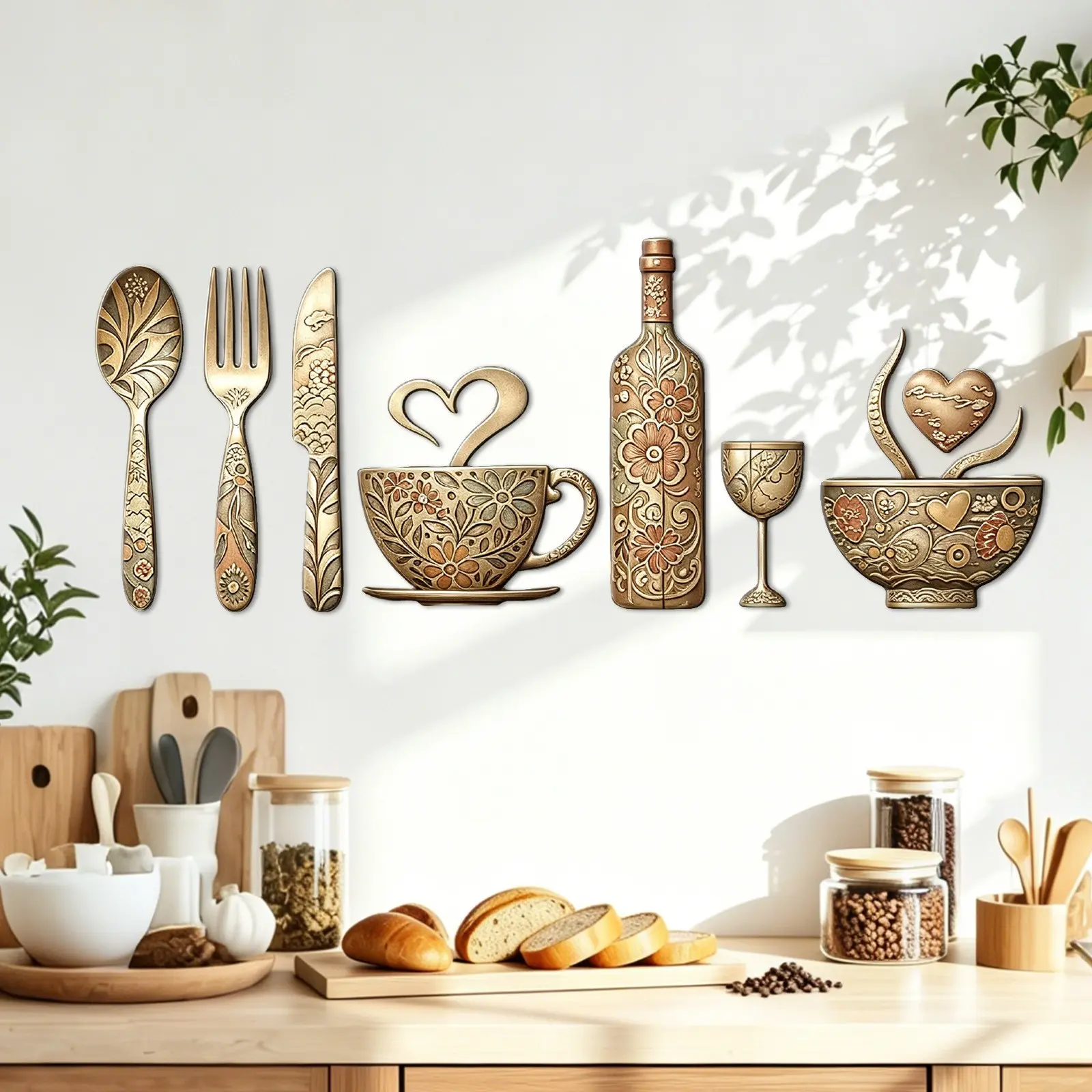 8-Piece Floral Kitchen Wall Decor Set, Wooden Cutouts of Coffee Cup, Wine Bottle, Bowl, Spoon, Fork, Knife, Farmhouse Style