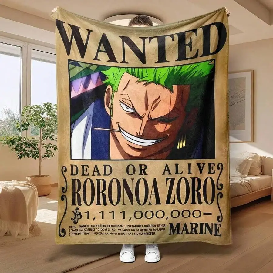 1Count Zoro Bounty Blanket Soft And Comfortable Retro Style With Wanted Text Figure Print For Home Office Camping