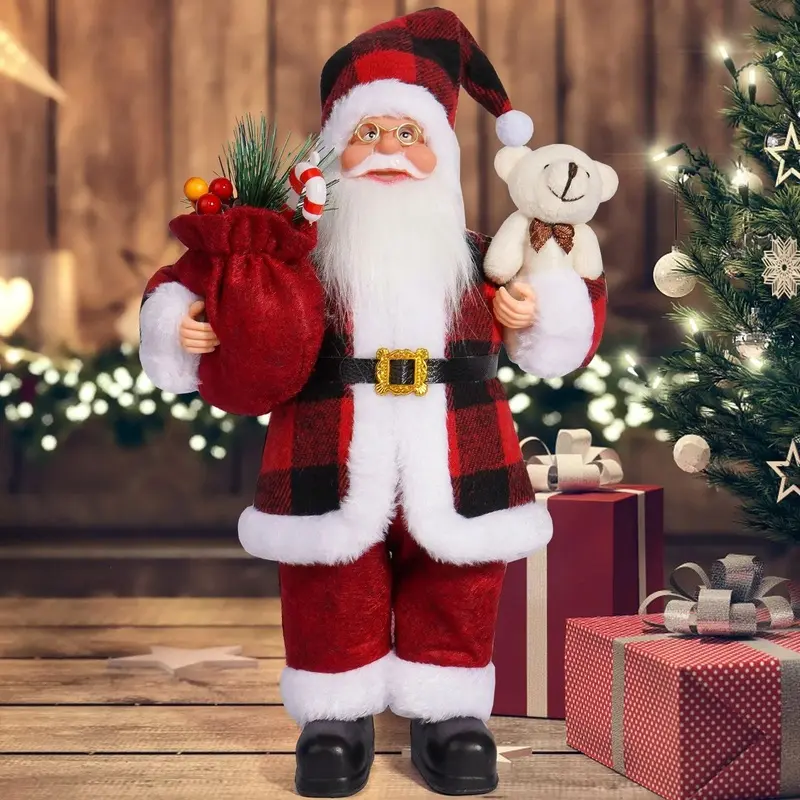 12 Inch Standing Santa Claus Figurine, Santa Doll Holding Gift Sack & Christmas Stocking, Christmas Decor for Home Desktop, Window Display & Floor Placement, Crafts for Christmas & New Year Party Layout, Xmas Holiday Gift Doll Ornament for Navidad Present