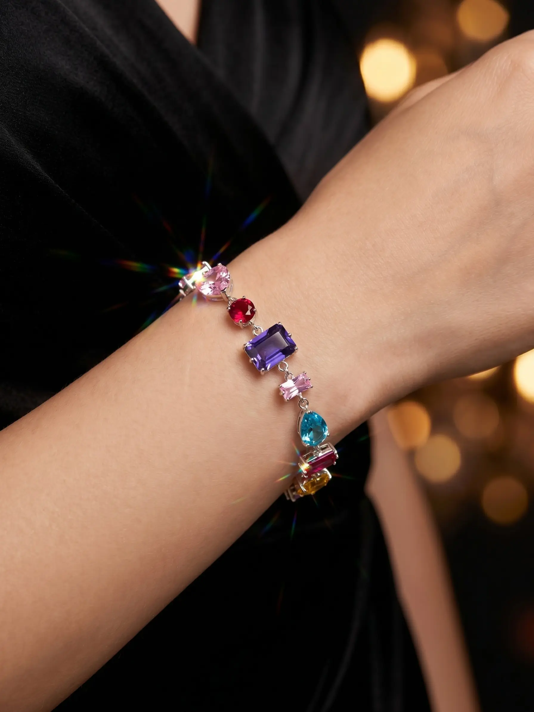 Rainbow Gradient Crystal Bracelet | Gold-Plated Mixed-Shape Crystal Bracelet | Heart-Shaped Clasp with Adjustable Length | Sweet and Edgy, Versatile, and Luxe-Chic Jewelry