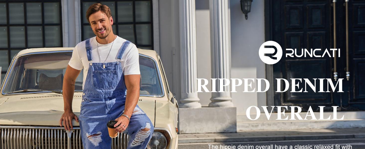PASLTER Men's Denim Bib Overall Ripped Distressed Jean Casual Fashion Workwear Adjustable Strap Hip Hop Jumpsuit