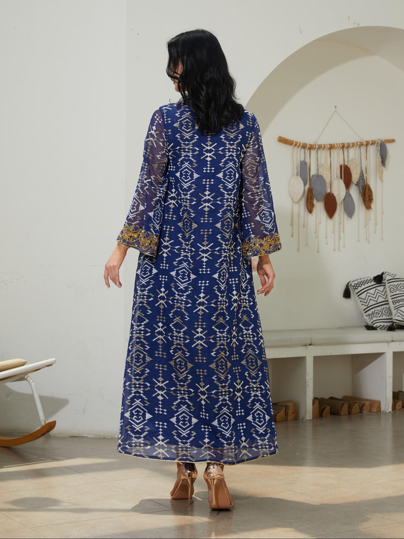 Traditional Style Embroidered Woven Kaftan Dress for Women, Long Sleeve Maxi Dress, Elegant Chic Middle Eastern Fashion, Perfect for Special Occasions, Casual Wear