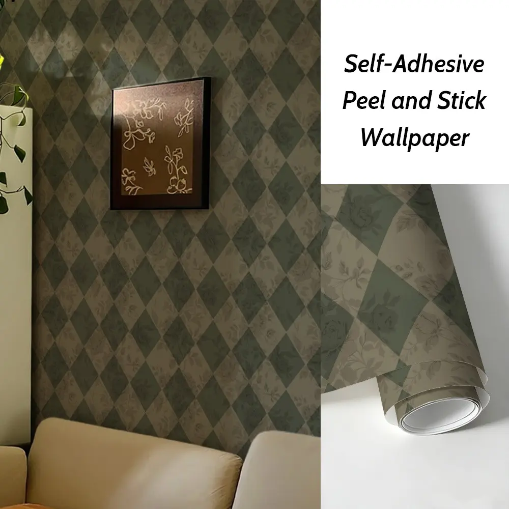 Vintage Diamond Grid Floral Peel-And-Stick Wallpaper, Aluminum Backed Self-Adhesive, 0.25mm Thick, Ideal for Kitchen, Living Room, DIY Decor