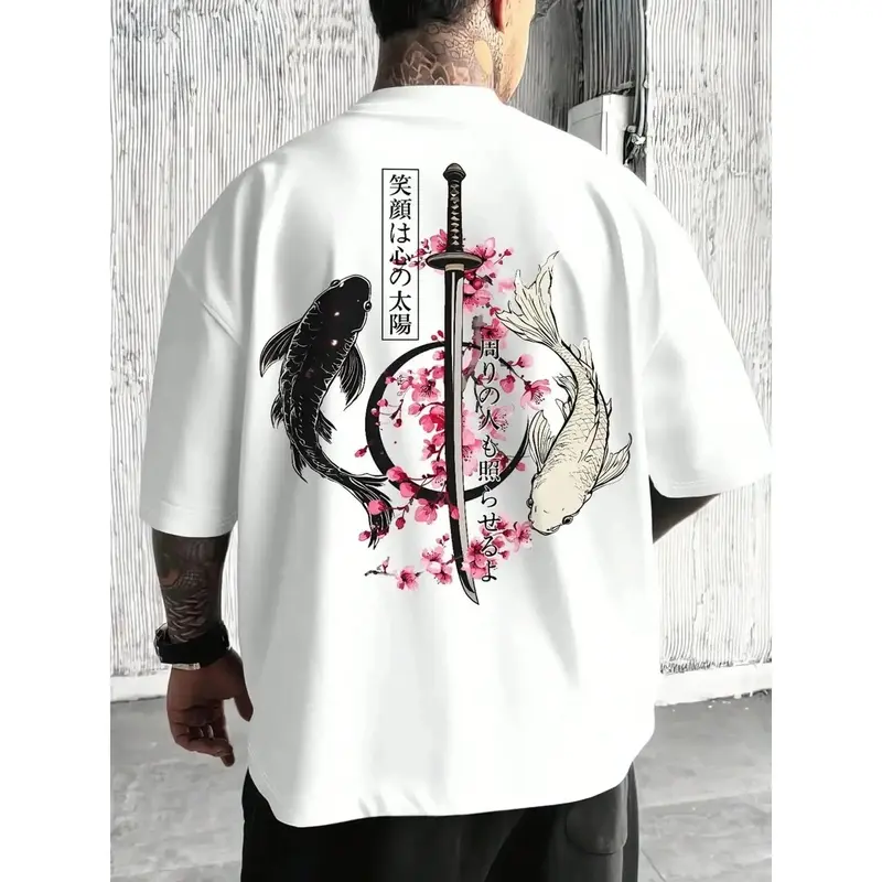 Men's Classic Oversize Round Neck Cotton Short-Sleeve Tshirt - Samurai Sword & Cherry Blossom Graphic Print, Loose Fit Casual Streetwear Menswear, Men's Clothing for Daily Outdoor, Chinese New Year Fashion Clothes, Sports Top Apparel, Shorts