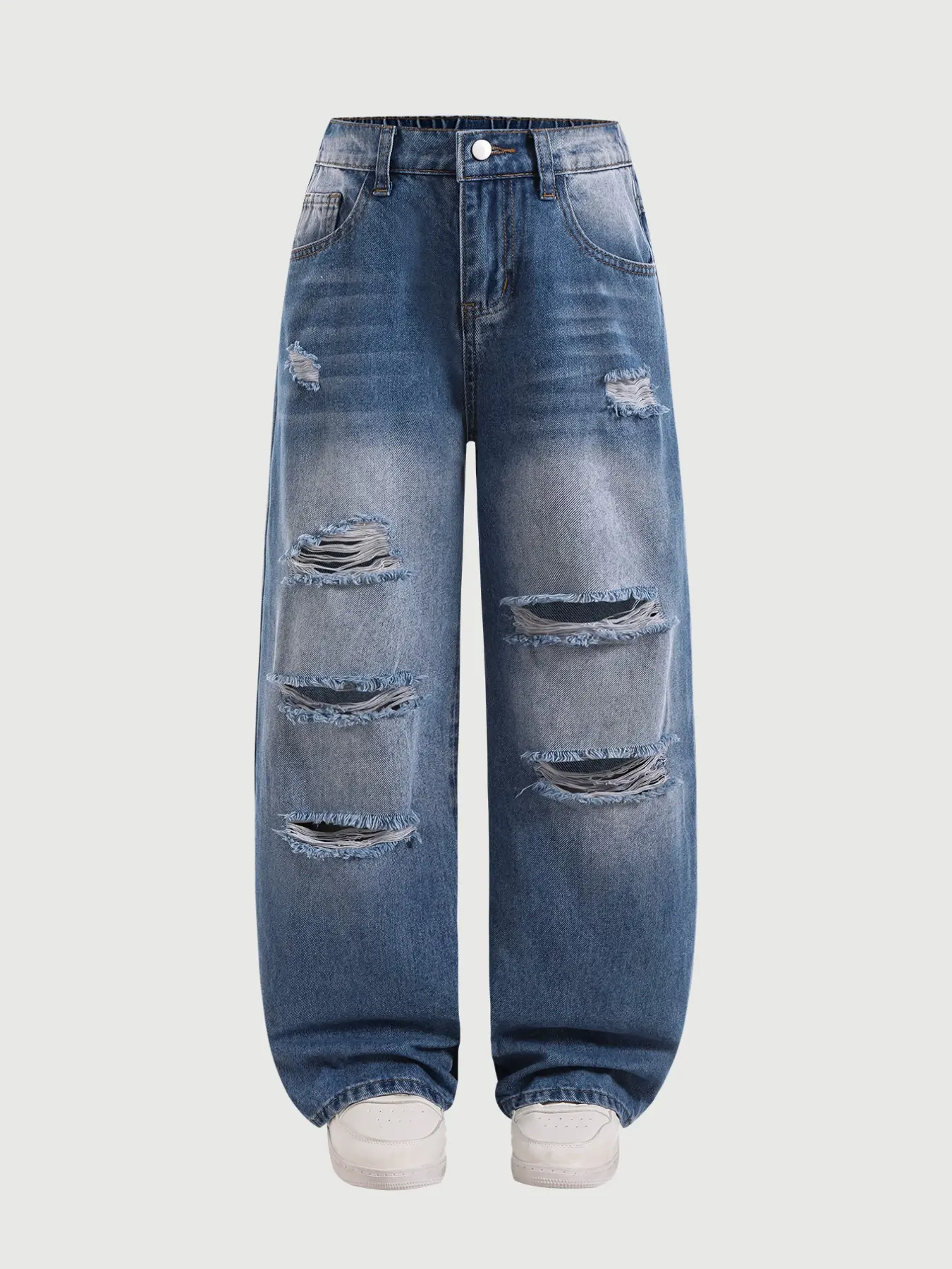 Elegant Fashion Street Style High Waist RippedDenim Jeans, Spring Summer Fall Boy's Girls LooseStraight Leg Pants, Trendy Casual Wear
