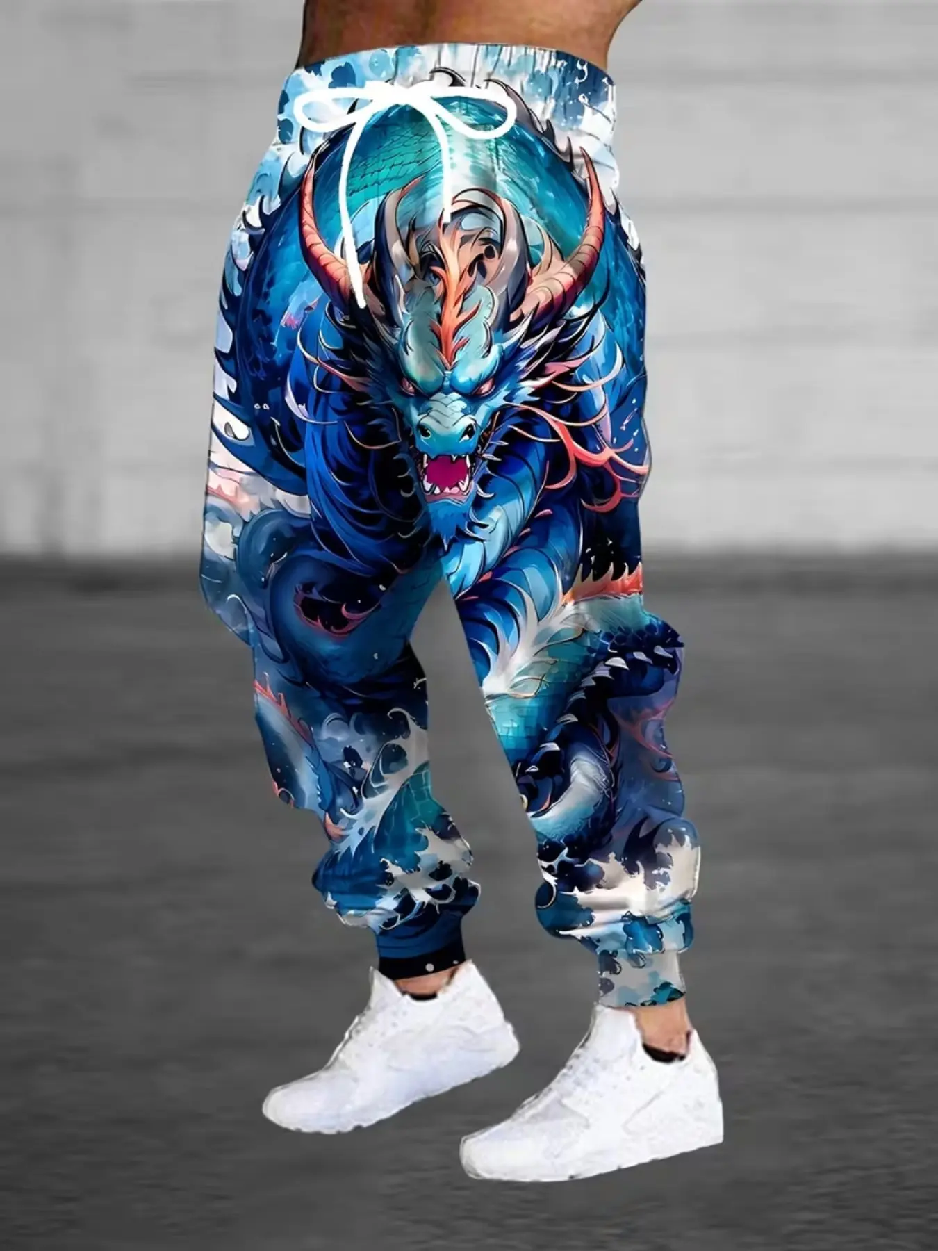 New Traditional Blue Water Dragon Digital Print Sweatpants, Men's High Street Fashion Loose Ankle Pants, Casual All-Season Wear