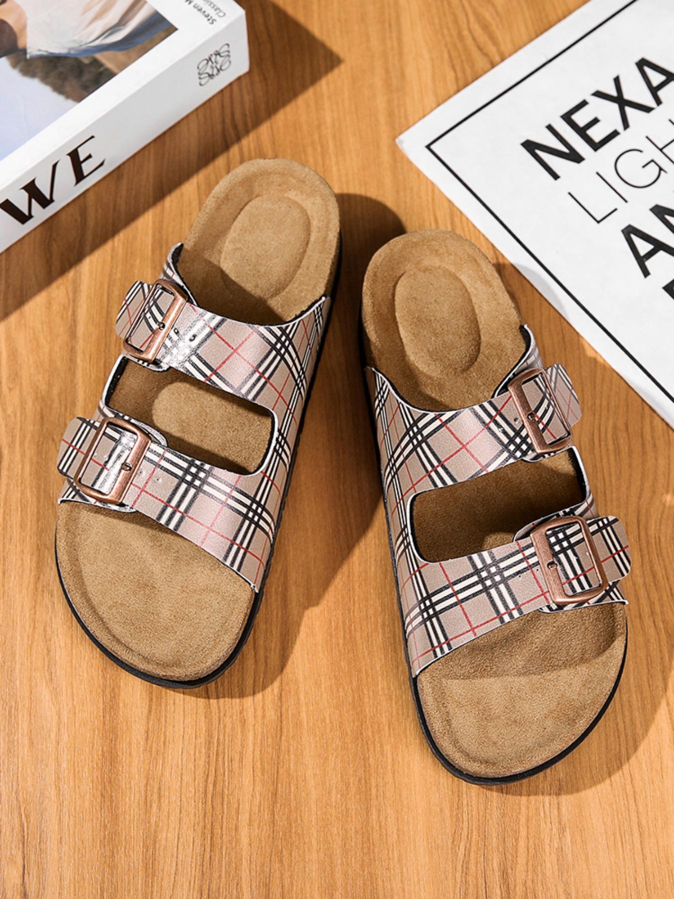 Unisex Fashionable Checkerboard Pattern Slippers, Buckle Sandals, Slide Sandal, Casual Comfortable Platform Sandals for Beach, Non Slip Sandals, Adjustable Straps & Anti-slip Comfort for All-day Wear, Walking Shoes