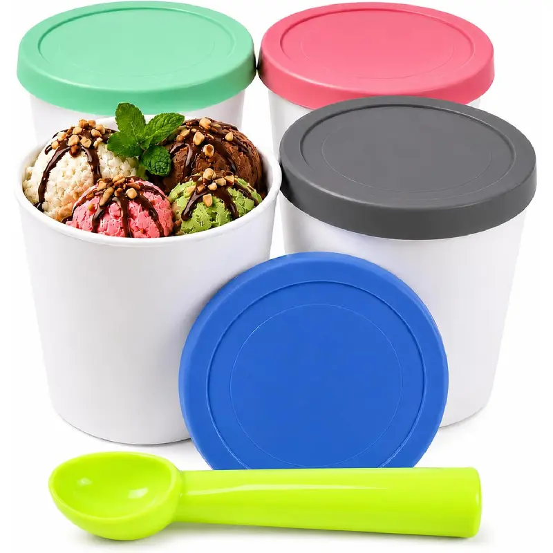 4 Pack Ice Cream Containers with Lids, 1 Quart Ice Cream Cups with Silicone Lids and Scoop, Reusable Freezer Storage Containers for Homemade Ice Cream, Frozen Yogurt, Sorbet, Gelato
