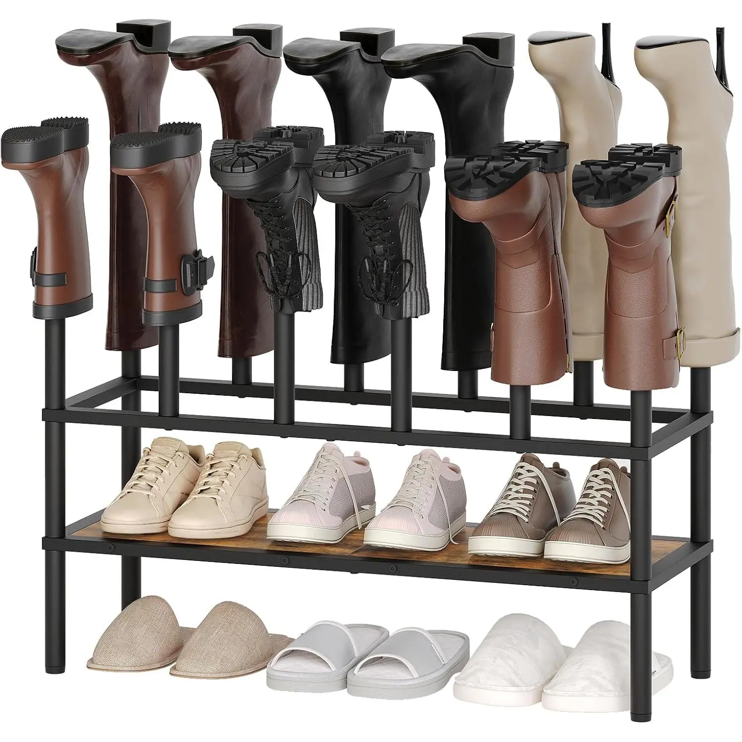 Shoe and Boot Rack Organizer, Tall Boots Rack for Closet, Cowboy Shoes Storage, 3 Tier Shoe Racks Organizer Holds 10 Pairs, Black and Rustic Brown SS09BRY1