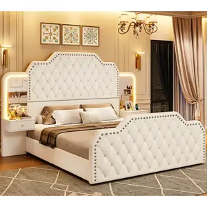 Size PU Leather Upholstered Bed Frame with 2 Nightstands, Platform Bed with LED Headboard and Footboard, Modern Bedroom Set, Black/White