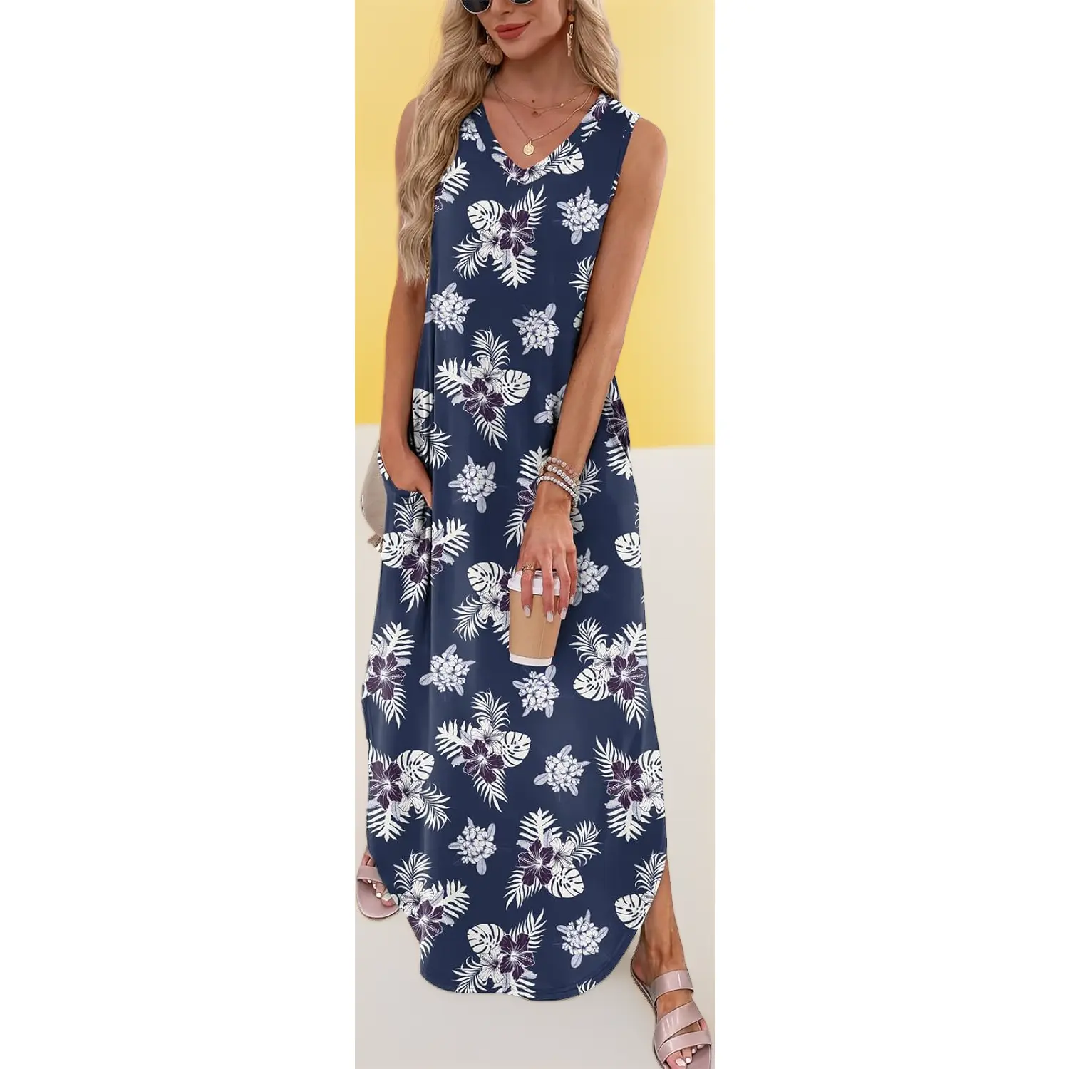 Women’s Summer Dresses Maxi Dress V Neck Sleeveless Beach Vacation Sundress Casual Split Long Dress with Pockets 2026