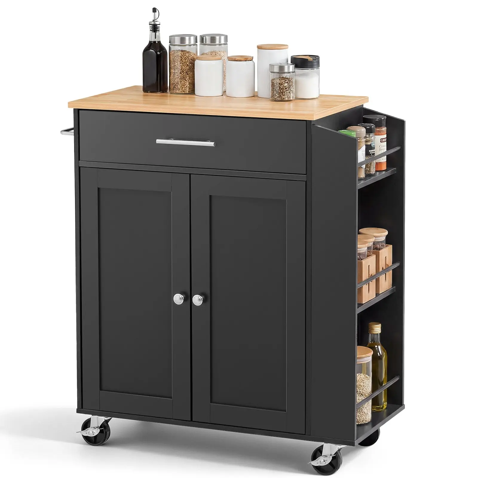 VEVOR Kitchen Island Cart with Storage, 31.3 in Wide Mobile Rolling Storage Island on Swivel Wheels, with Drawer, Storage Cabinet, Spice/Towel Rack, Table for Home Dining Room, Black