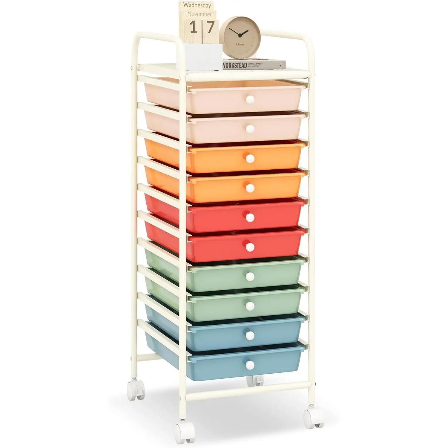 10-Drawer Rolling Storage Cart, Storage Organizer on Wheels, Metal Frame, Scrapbook Paper Tools, Suitable for Office School, Classroom (Macaron, 10 Drawer)