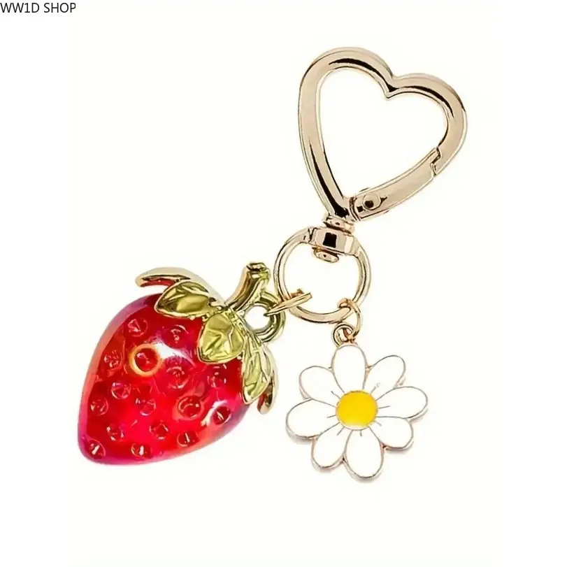 Women's Acrylic-Alloy Strawberry Flower Keychains - Kawaii Peppy Casual Accessories with Lobster Clasp & Flower Motif, Cute Fruit-Daisy Bag Charm Pendant for Handbags, Auspicious Ceremony Gifts