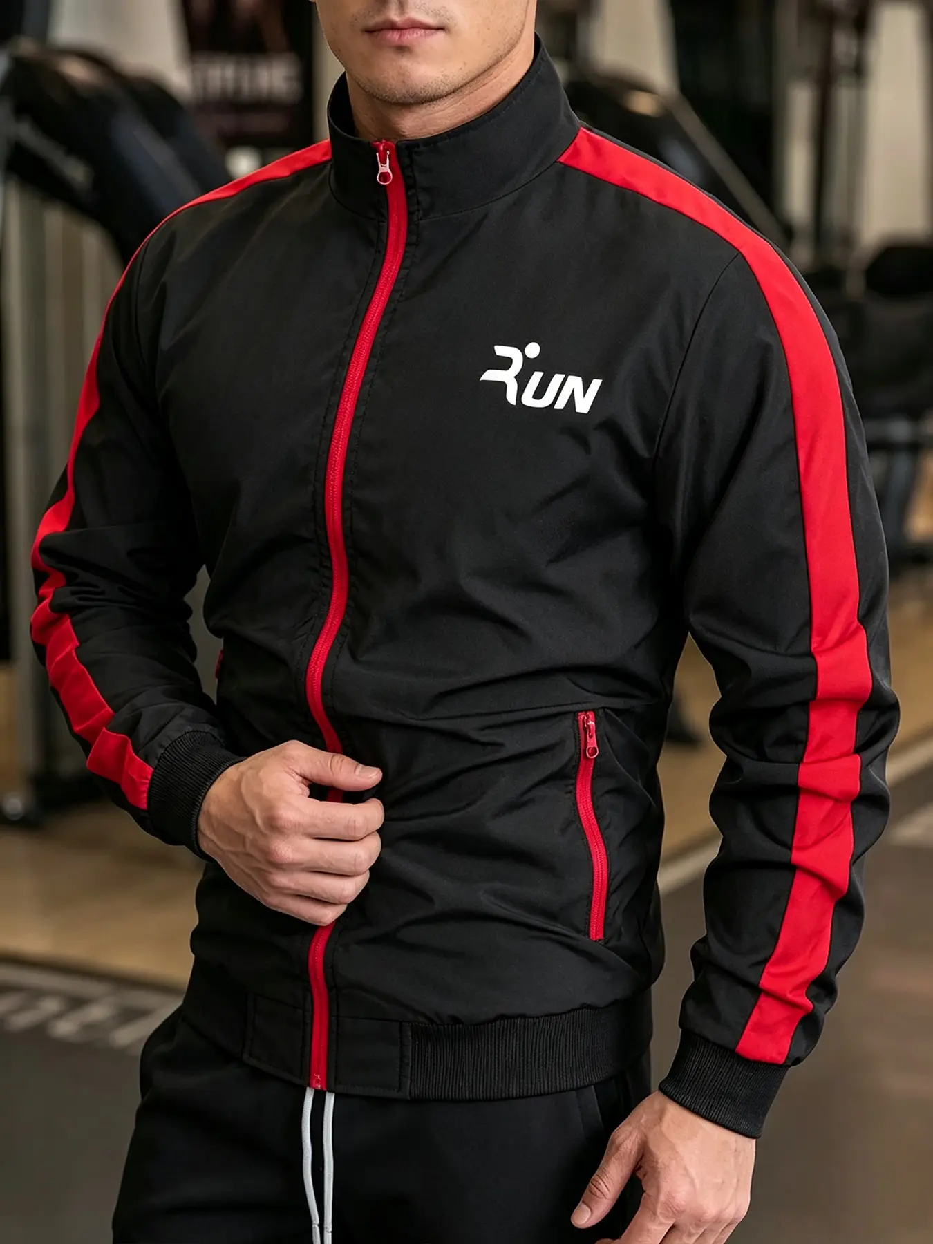 Mens Black Stand Collar Full Zip Track Sport Jacket Running Jackets Red Full Zipper & Side Stripes Design Casual Workout Daily Run Text Print Streetwear Running Sports Outerwear Tops
