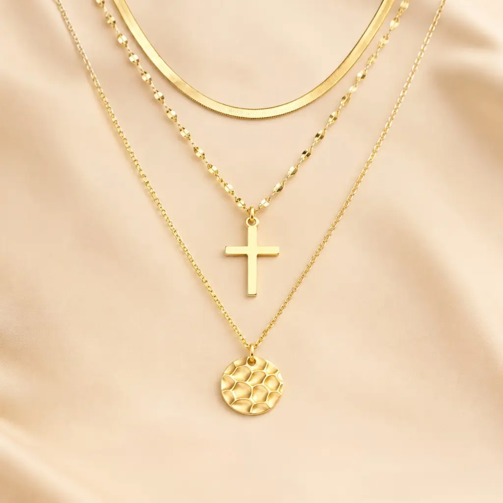 Women's 3-Pc Stackable Layered Gold Necklace Set - 14K Gold-Plated Stainless Steel Herringbone Chain, Cross & Hammered Coin Pendants, 15in/17in/19in with 2.5in Extender, Hypoallergenic Tarnish-Resistant Dainty Everyday Wear Jewelry