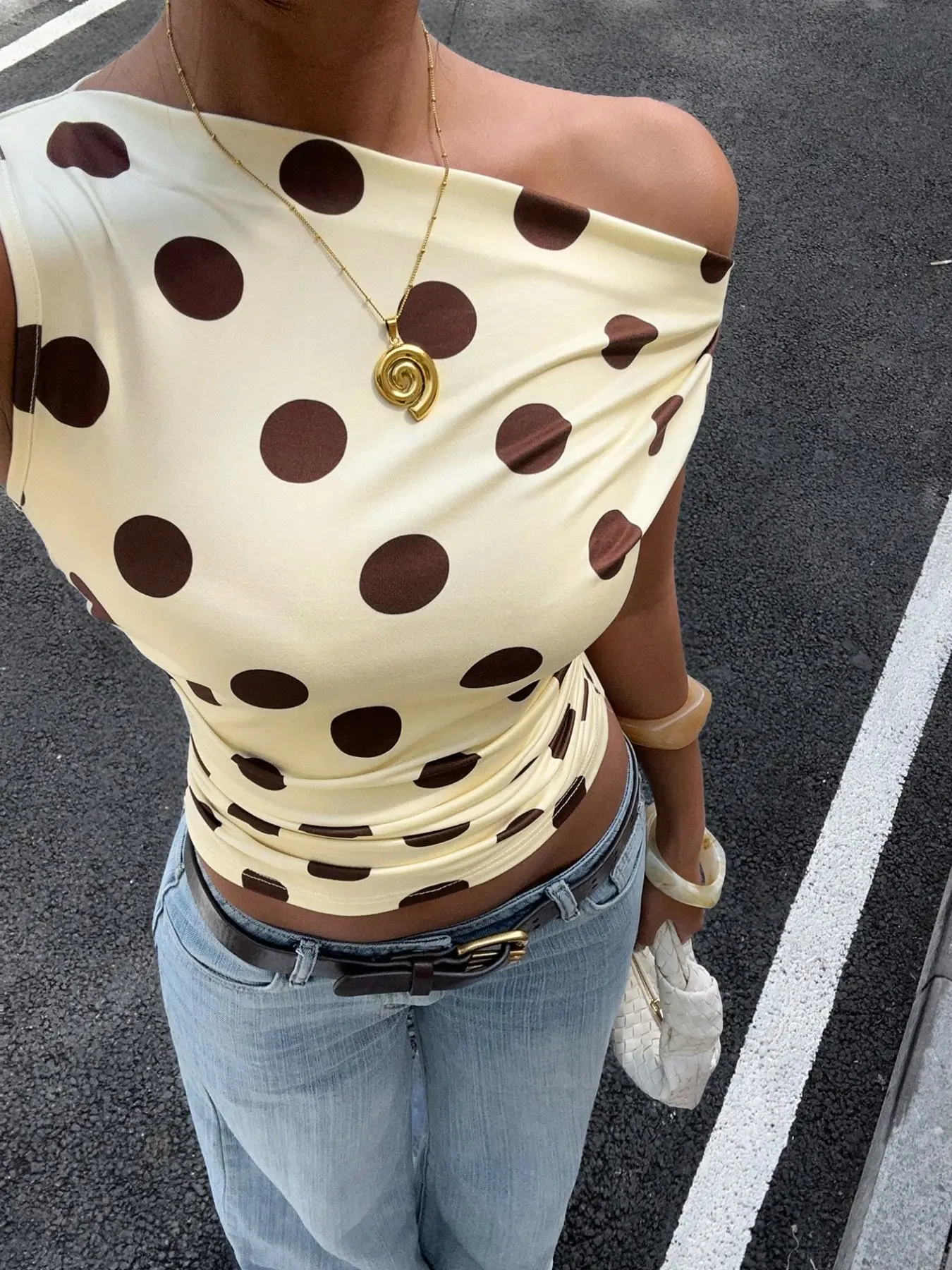 Trendy Cream Polka Dot off Shoulder Slim Crop Top, Women's Summer Casual Blouse, Perfect for Going Out, Affordable Fashion, Fitted Crop Top