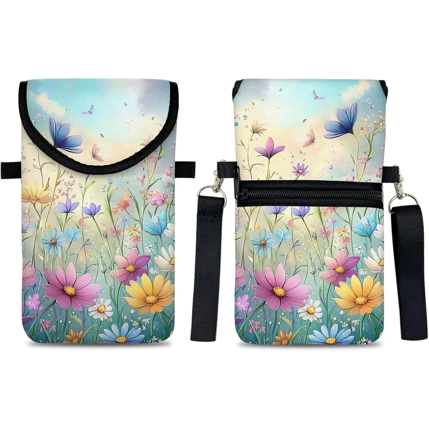 Neoprene Cell Phone Sleeve Pouch Case Bag with Crossbody Strap  Lanyard for Women 7.5 X 4.3 in Colorful