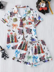 Women's Halloween Witch Cat Bow Print Pajama Set, Short Sleeve Button-Up Top + Shorts, All Seasons Comfortable Sleepwear