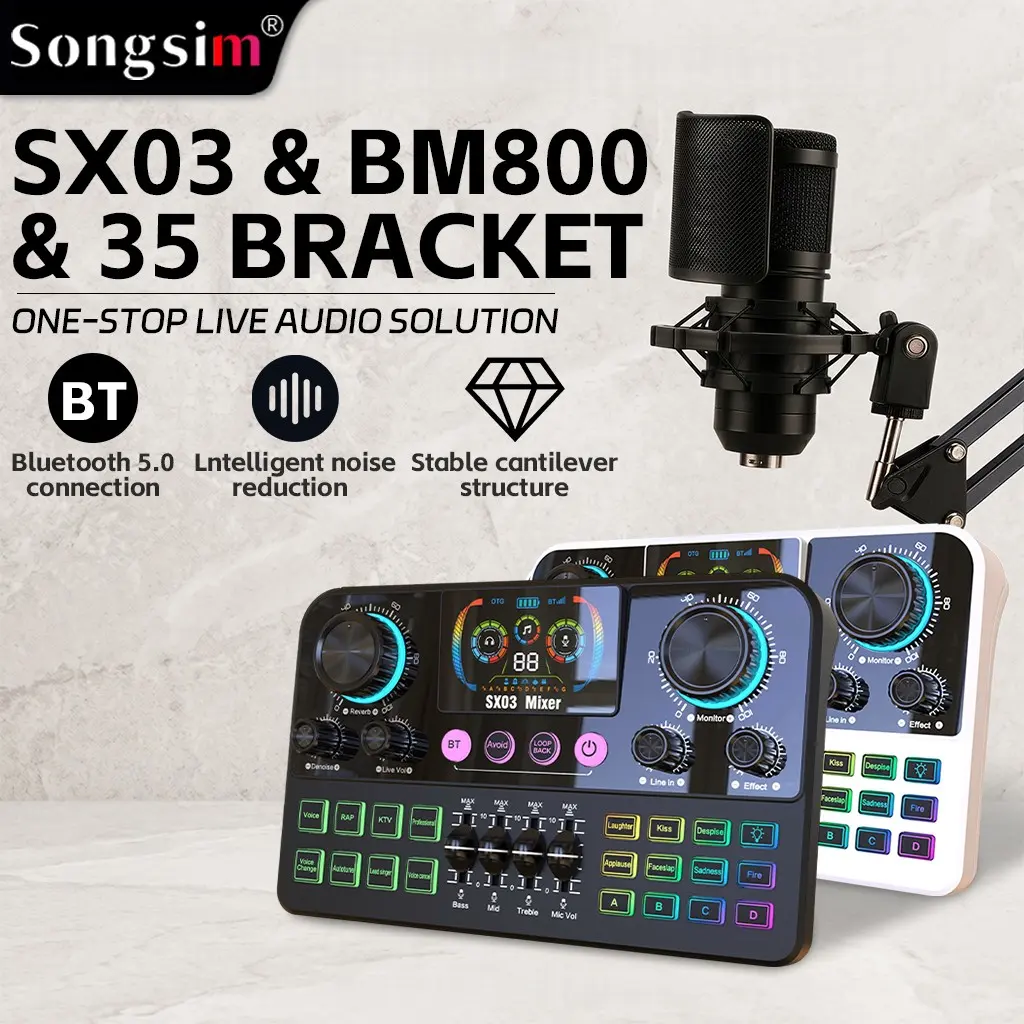 Sx03 Live Mixer Kit, Bm800 Condenser Mic, Bluetooth-compatible 5.0, 3-Band Eq, Noise Reduction, 8 Presets, 4 Custom Effects, Gaming Streaming