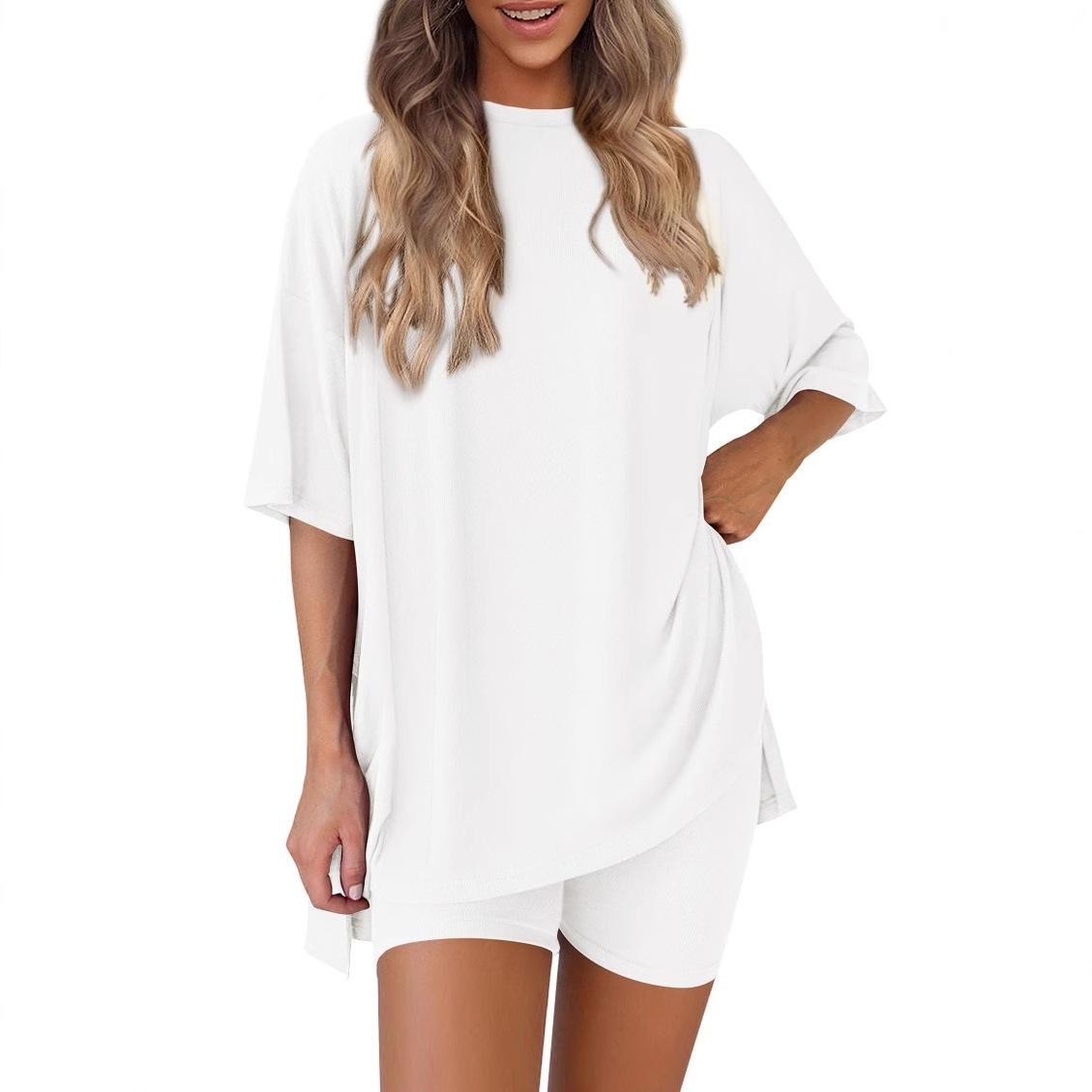 Women's 2-Piece Lounge & Workout Set |   Oversized Side Split T-Shirt + High Waist Shorts, Solid Comfy Outfit XS-4XL