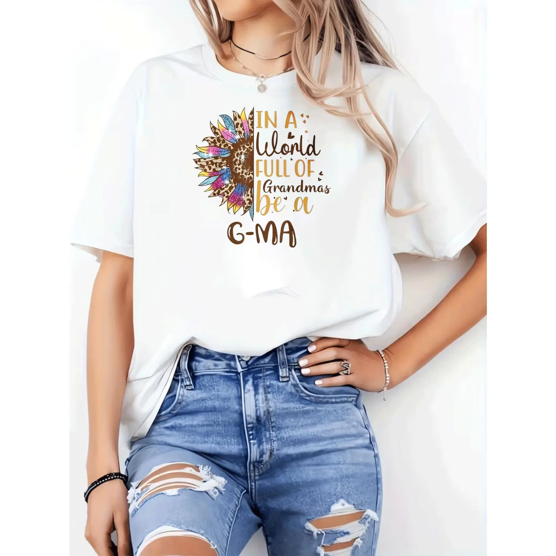 Women's Soft Cotton Short-Sleeve Fitted T-Shirt - "In A World Full Of Grandmas Be A G-Ma" Vibrant Boho Sunflower Graphic, Gift For Grandmother, Women's Clothes Tops