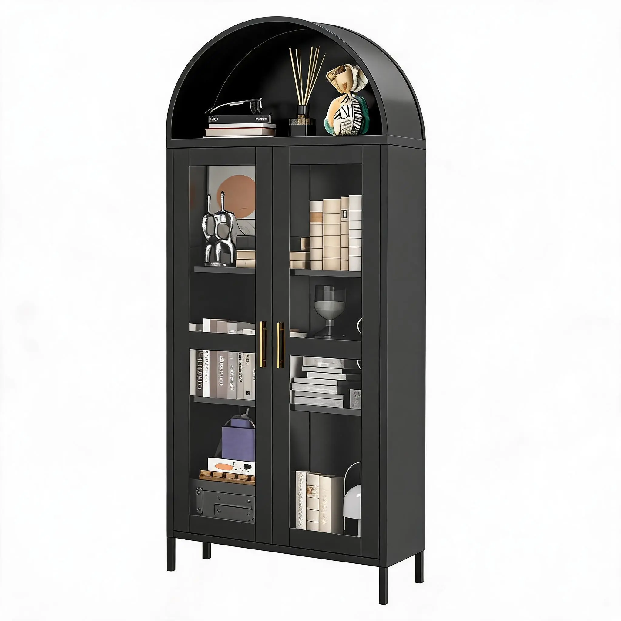 Modern Farmhouse Arched Entryway Cabinet with Glass Doors - 73" Tall Freestanding Storage - 2 Adjustable Shelves - Durable Black Metal Pantry for Kitchen, Dining, Living Room, or Home Office
