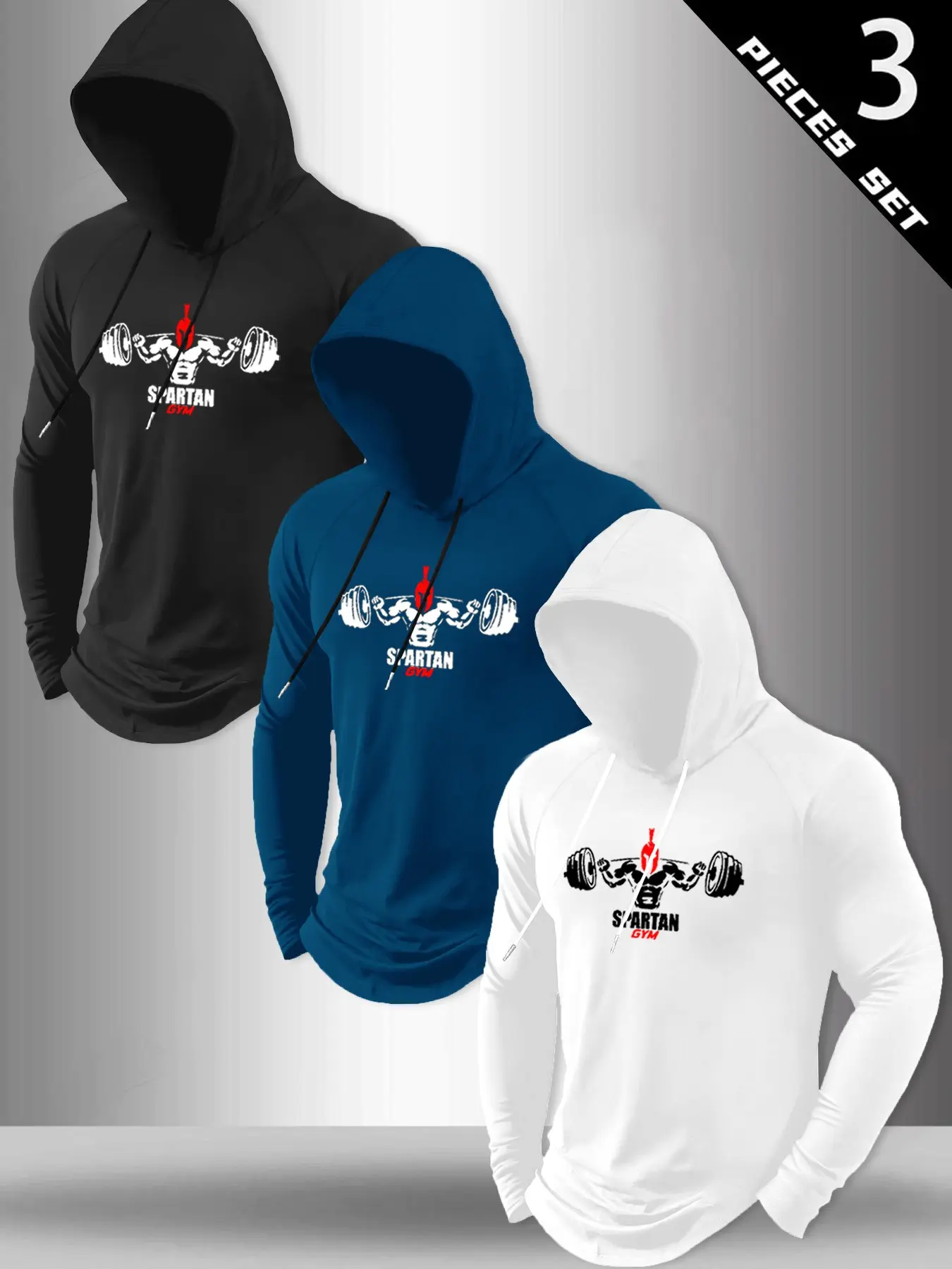 3 Piece Set Spartan Dumbbell Muscle Print Tight Fit Hooded Fitness Long Sleeve Activewear Workout, High Stretch Quick-Dry Pullover Athletic Hoodie for Men