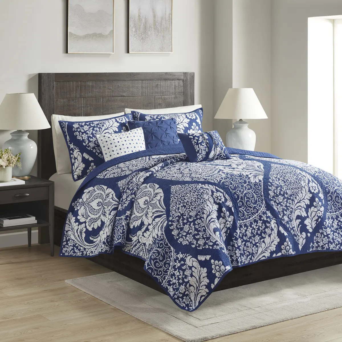 ARCH 6 Piece Printed Cotton Quilt Set with Throw Pillows Indigo Full/Queen Size Reversible Bedding Coverlet Lightweight Bedspread for Bedroom Guest Room All Season Home Decor, Home Furniture and Household Product Search Terms for US Online Shopping