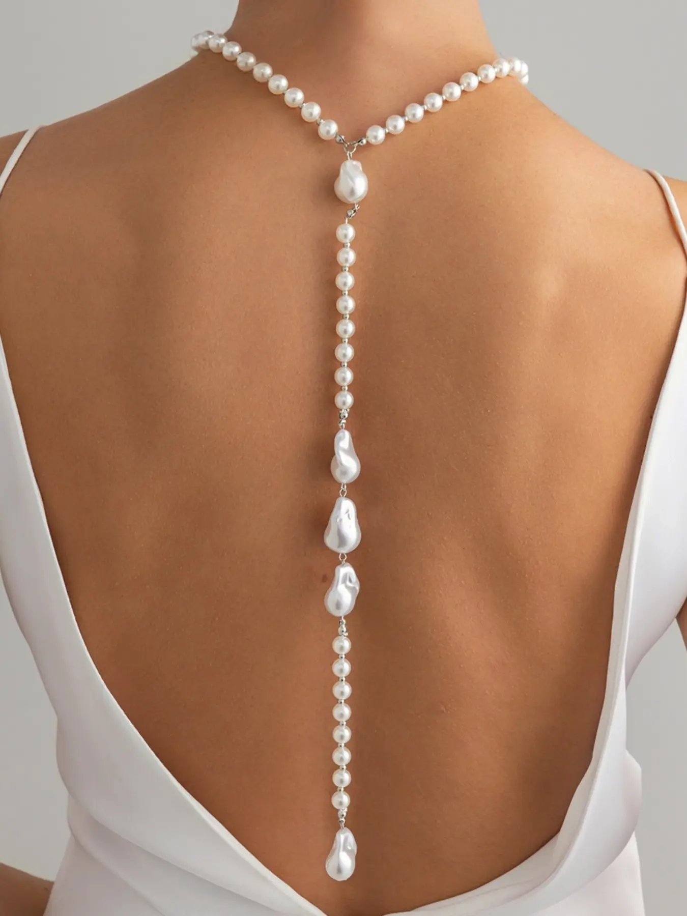 Pearl Back Drop Back Necklace, Dainty Long Body Chain Jewelry for Women, Elegant Backless Dress Accessories, High Quality Body Jewelry