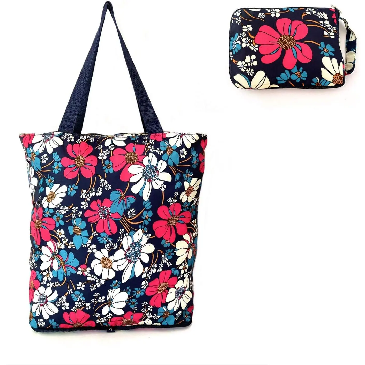Foldable Grocery Bags Folding Shopping Tote with Zipper (Blue Floral)
